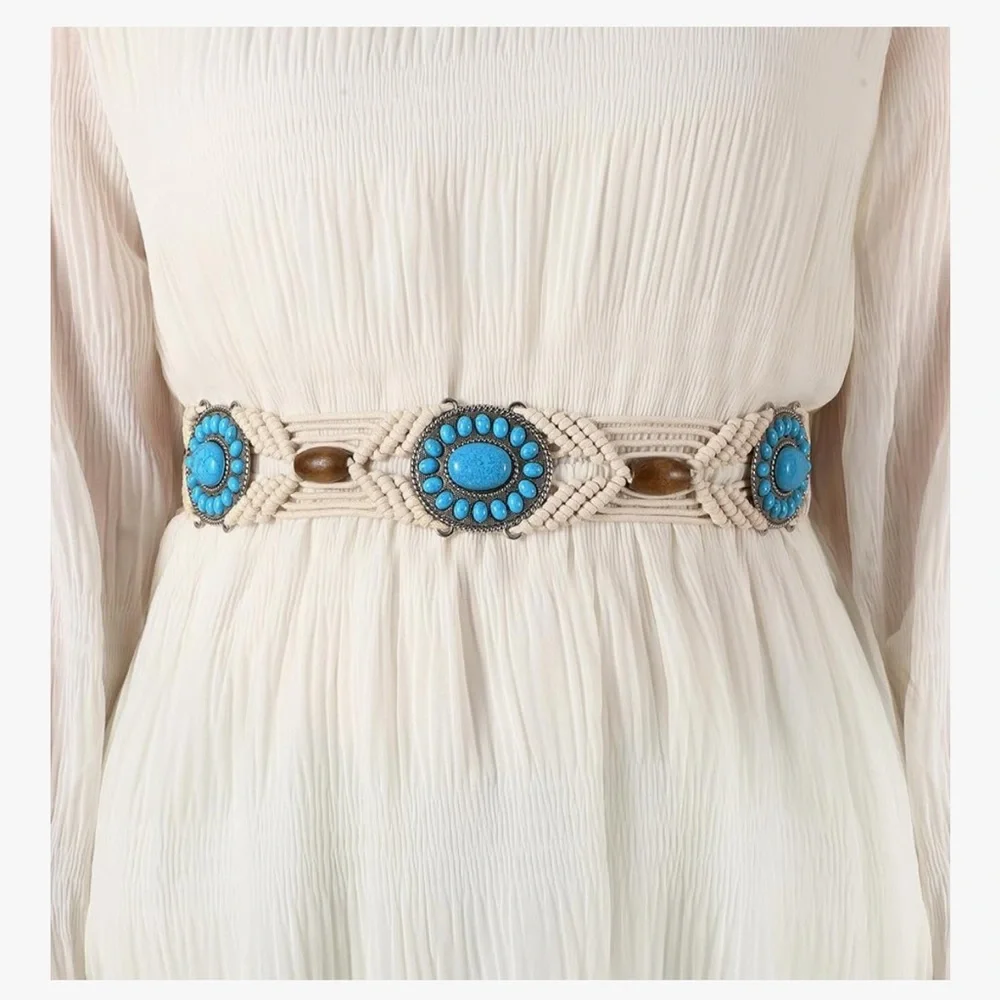 🆕 Boho Braided Belt for Women Hand-Woven Wax Rope & Turquoise Belt Western
